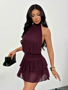 SHEIN PETITE Women's Sexy & Elegant Halter Waist Ruched Ruffle Hem Mini Dress - Purple - View 1