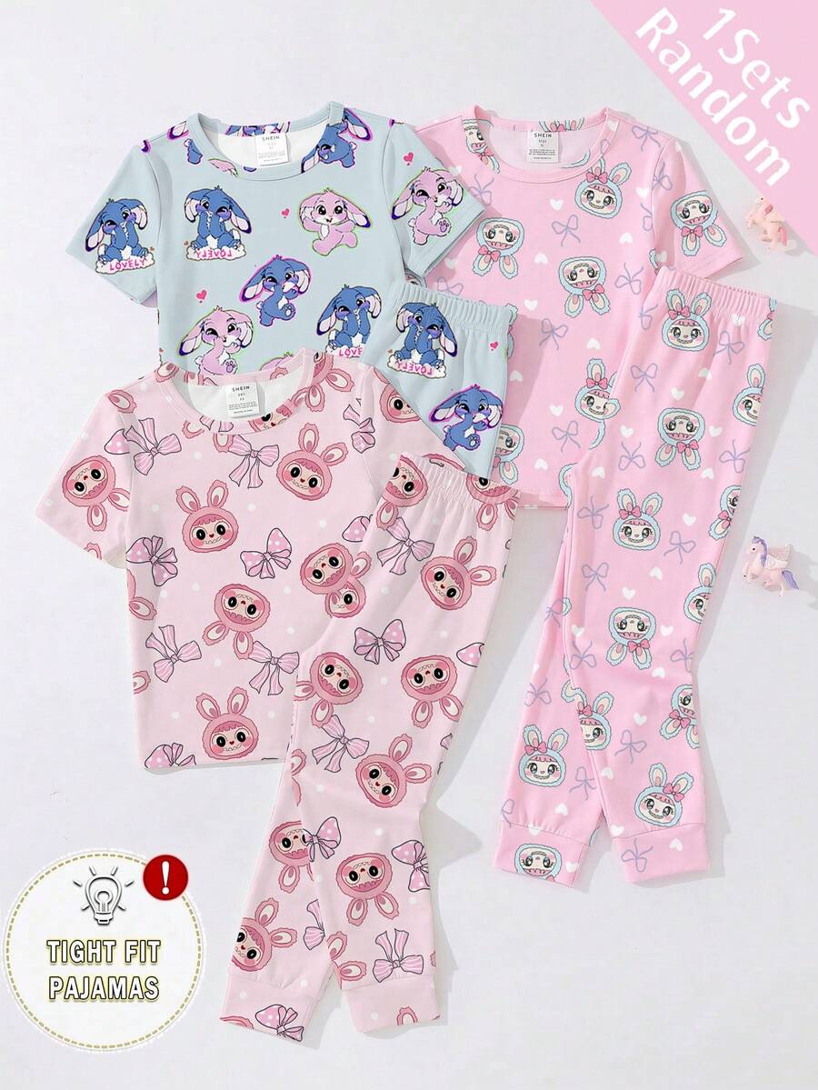 【3件套,随机发货1套】女童睡衣,春夏新品,热销经典元素可爱蝴蝶结兔子印花,针织紧身高弹面料短袖上衣+长裤睡衣套装(随机发货) - 彩色 - 查看 1