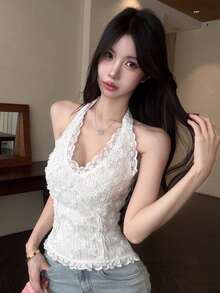 DAZY 優雅V領無袖花卉細肩帶上衣，適合春夏約會、約會之夜、夜店，奶油白色外出上衣 - 白色 - 查看 8