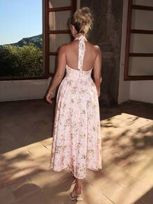 Turnttoni Abito da donna con stampa floreale rosa, fiocco arricciato al collo, abito da invitata a matrimonio, abito estivo, abito da laurea, abito da festa elegante - Rosa - Visualizzare 2