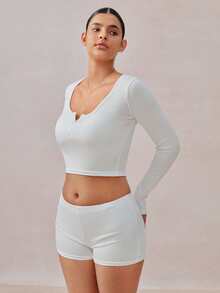 Veilyse 2PCS Women's Solid Color U-Neck Button Front Long Sleeve Crop Top & High Waist Shorts Lounge Set - White - View 3