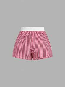 SHEIN MOD 女款休閒條紋彈性腰短褲，夏季 - 紅白色 - 查看 5