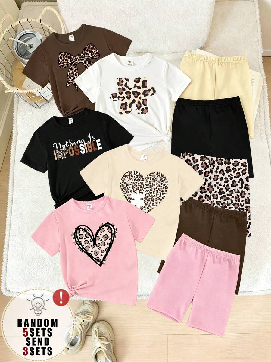 Conjunto de 3 piezas de estilo casual y de moda para primavera y verano, con personalidad creativa y de alta gama, con estampado de leopardo, parches y estampado de letras gráficas, con un estilo relajado y de vacaciones, camiseta básica + pantalones cortos de ciclista, cómodo para uso diario, adecuado para niñas en primavera, verano y otoño - Multicolor - View 1
