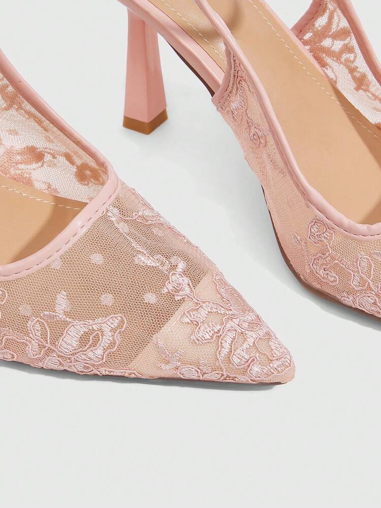 CUCCOO SZL Women's Fashion Pink Lace Back Strap Pointed Stiletto High Heel Breathable Mesh Women's Shoes For Commuting, Dating, Parties, Holidays And Weddings For Christmas And Spring Wear