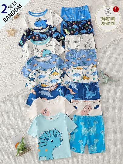 8pcs/Set Random Delivery 2pcs Tight Fit Pajama Set, Toddler Boys Summer Dinosaur & Cute Animal Print Short Sleeve Shirt And Shorts Homewear