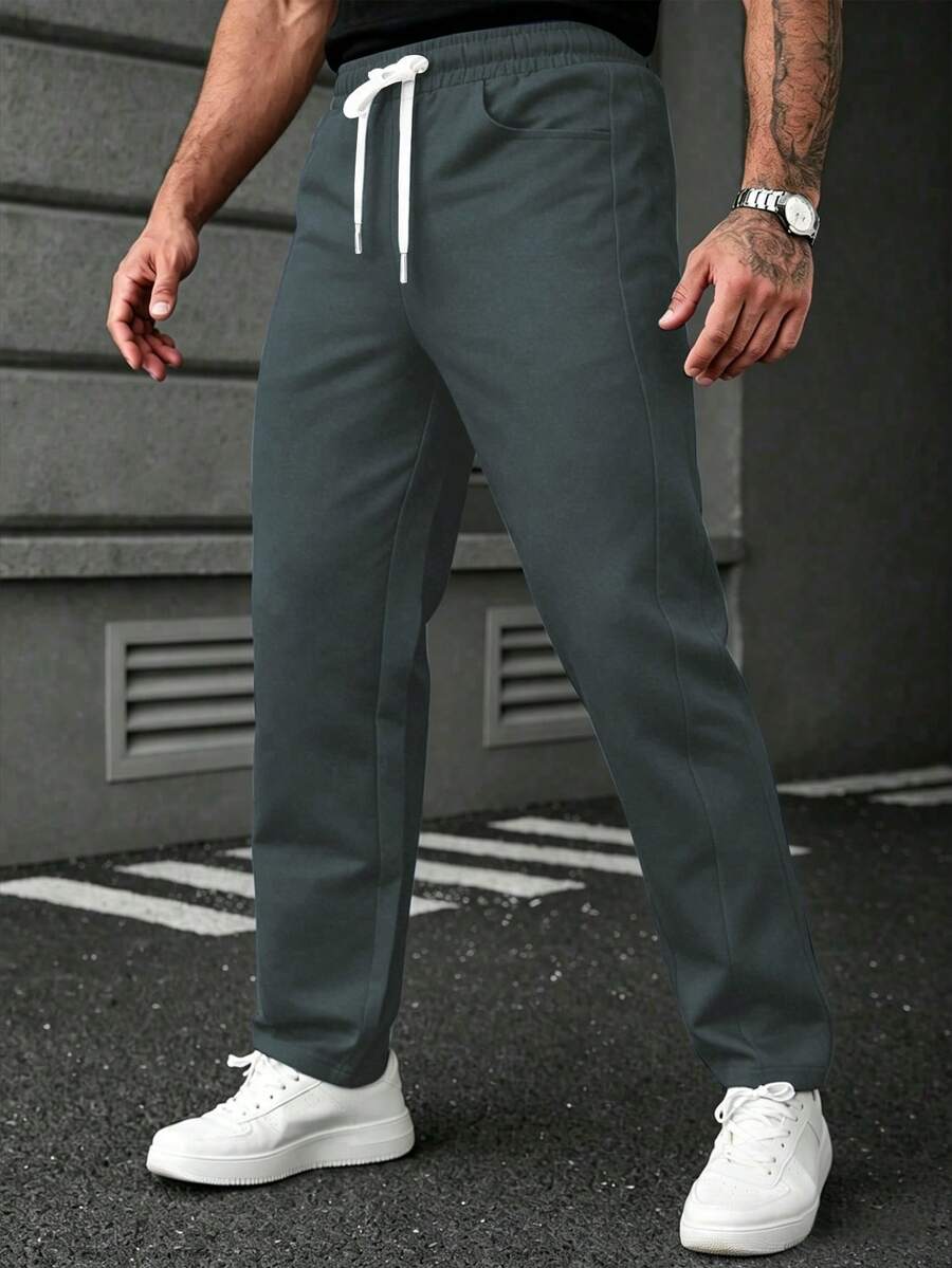 SLATEMANN Men's Black And Dark Grey Drawstring Pants,Comfortable Casual Work Pants For Autumn,Y2K Style Practical Design For Dates,Weddings,Photography - Dark Grey - View 1
