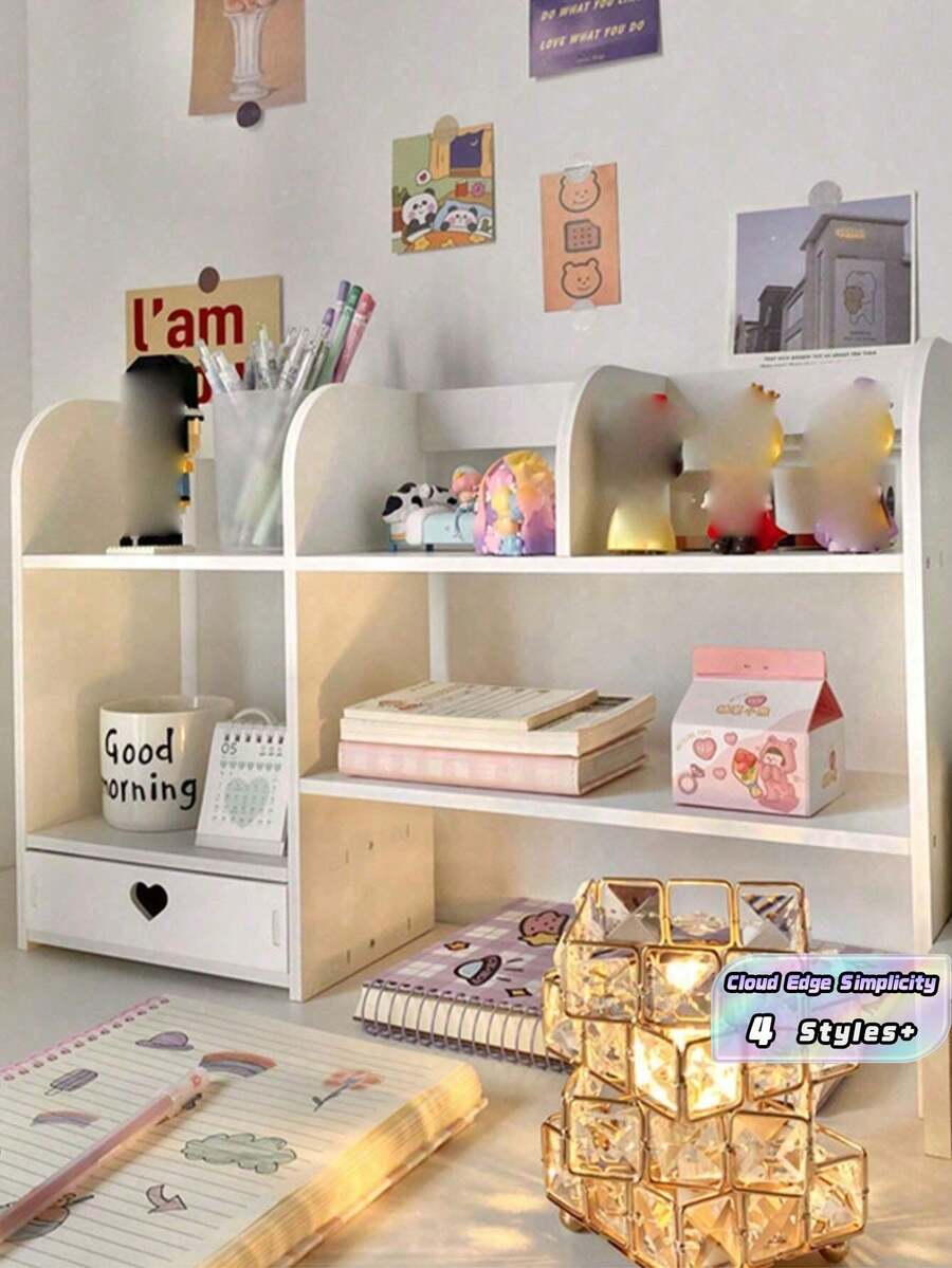 1 Pc Wood Plastic Sturdy Vertical White Desktop Shelf Organizer For Bedroom Living Room Office Study Books Stationery Figures Computer Storage Rack - White - View 1