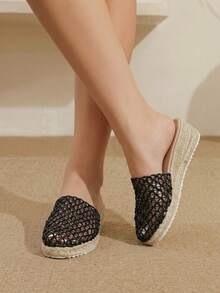 Styleloop Giày nữ đế dày bằng dây gai dầu, chất liệu rơm, màu đen, lưới dệt, hở gót, kiểu dáng mule, sandal mùa hè, giày dây gai dầu phong cách boho, phù hợp cho đi chơi, nghỉ mát, hẹn hò hàng ngày, đi biển, du lịch, phong cách thường ngày, giày nữ. - màu đen - Xem 3