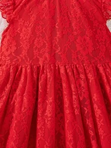 Elladie kids Red Summer Satin Party Spring Dress For Toddler Girls,Lace Floral Fabric,Flutter Sleeves,Ruffle Hem,Back Zipper Closure,Cute & Playful Summer Vacation - Red - View 8