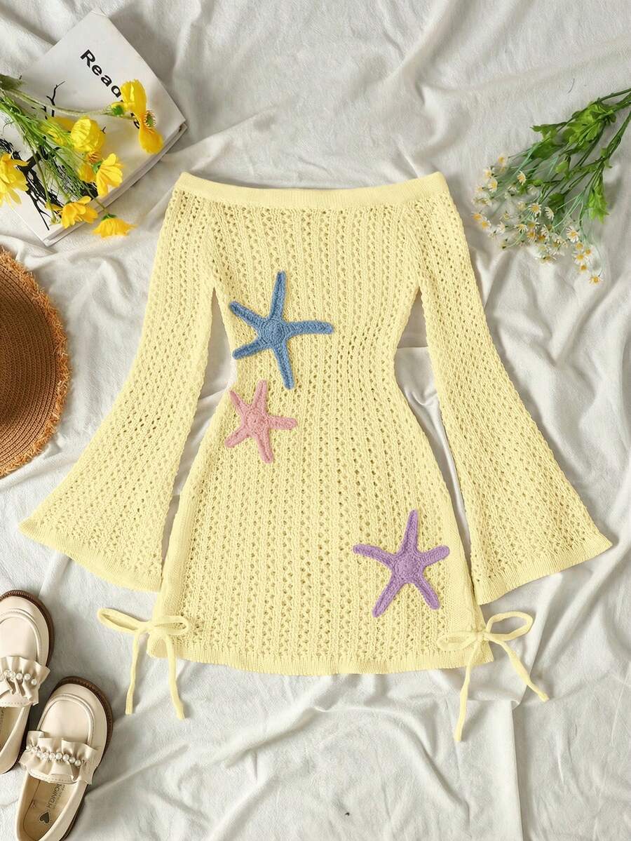 SHEIN Gaun Lengan Panjang Kuning Motif Bintang Laut untuk Liburan Anak Perempuan Remaja - Kuning - View 1