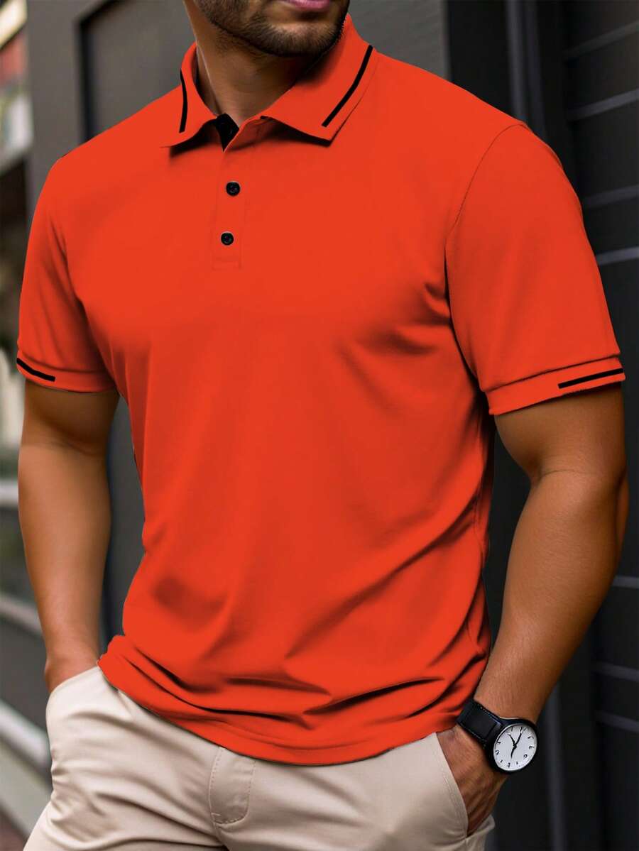 Manfinity Homme 男士大尺碼休閒日常與辦公通勤對比飾邊短袖 Polo 衫,夏季,正式 - 橘色 - 查看 1