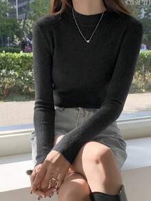 DAZY Mock Neck Ribbed Knit Jumper - Black - View 4