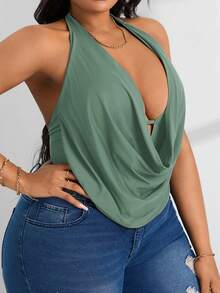 SHEIN PETITE CURVE Women's Plus Size Draped Front Backless Halter Bodysuit - Olive Green - View 5
