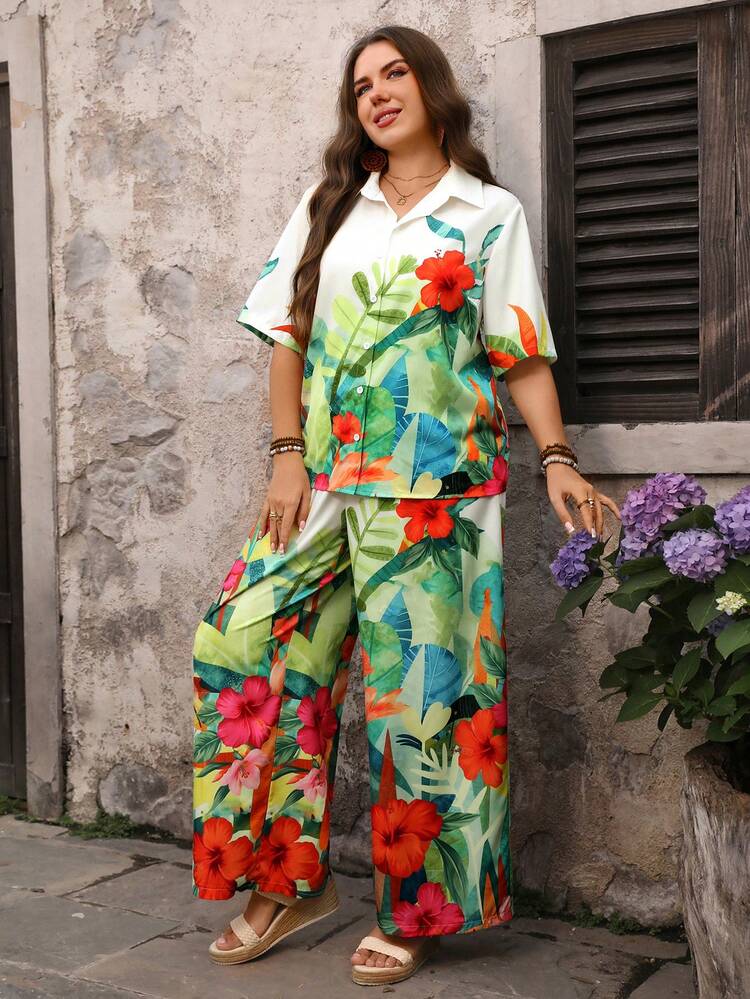 Plus Size Women Floral Print Single-Breasted Shirt And Pants Casual 2 Pieces Set Beach Outfit For Women  Summer Outfits For Women