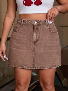 SHEIN ICON Plus Size Solid Color Casual Denim Mini Skirt - Rust Brown - View 1