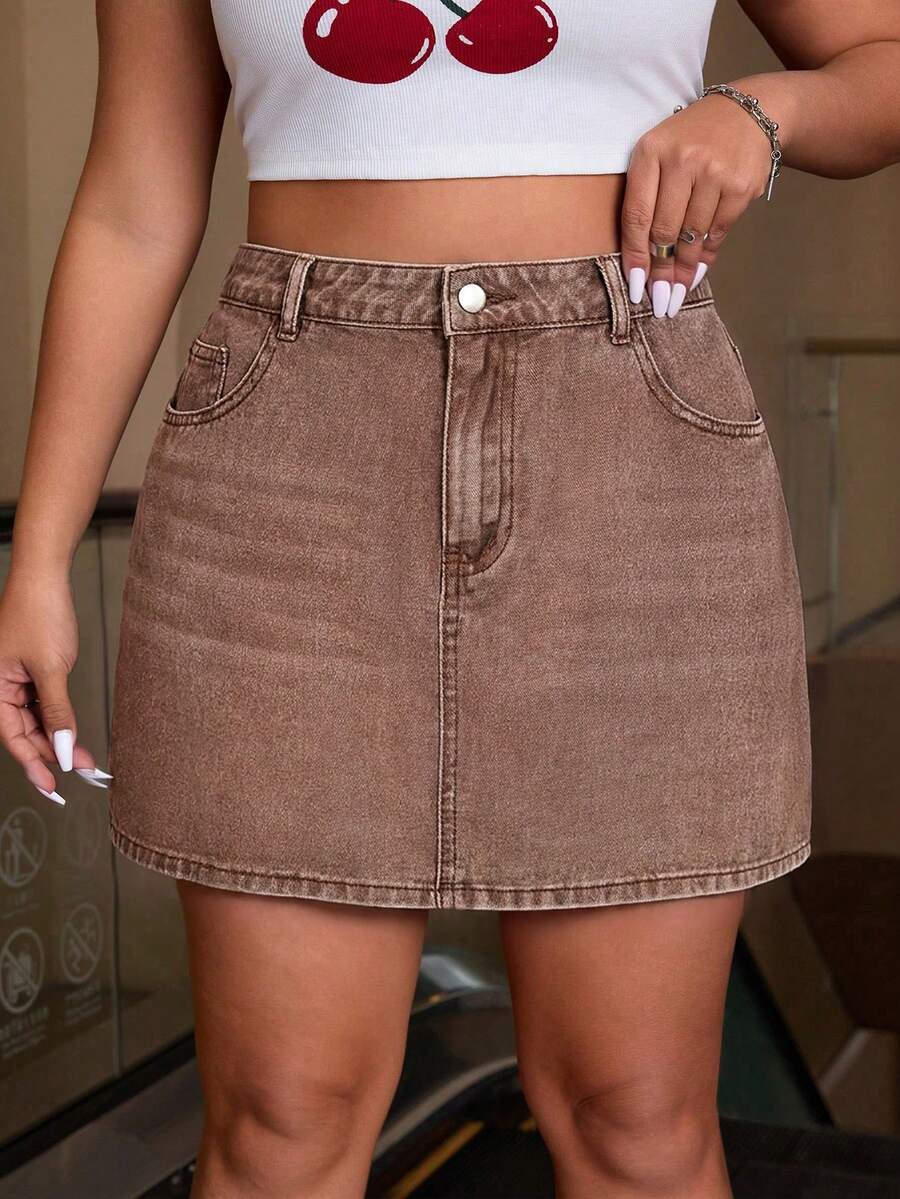 SHEIN ICON Plus Size Solid Color Casual Denim Mini Skirt - Rust Brown - View 1