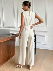 Franclia Bộ jumpsuit nữ cổ chữ V không tay, có túi, cài cúc đôi, xếp ly, ống rộng, thời trang mùa hè. - Màu be - Xem 2