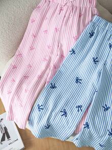 SHEIN 2件組少女編織條紋蝴蝶結圖案寬鬆休閒長褲套裝 - 彩色 - 查看 7