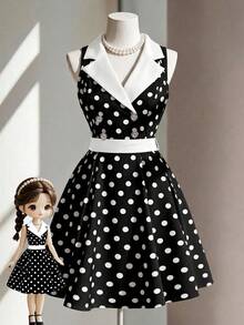 Fine & Folde Sleeveless Waist Splicing Polka Dot A-Line Elegant Romantic Sophisticated Ladies Dress - Black and White - View 1