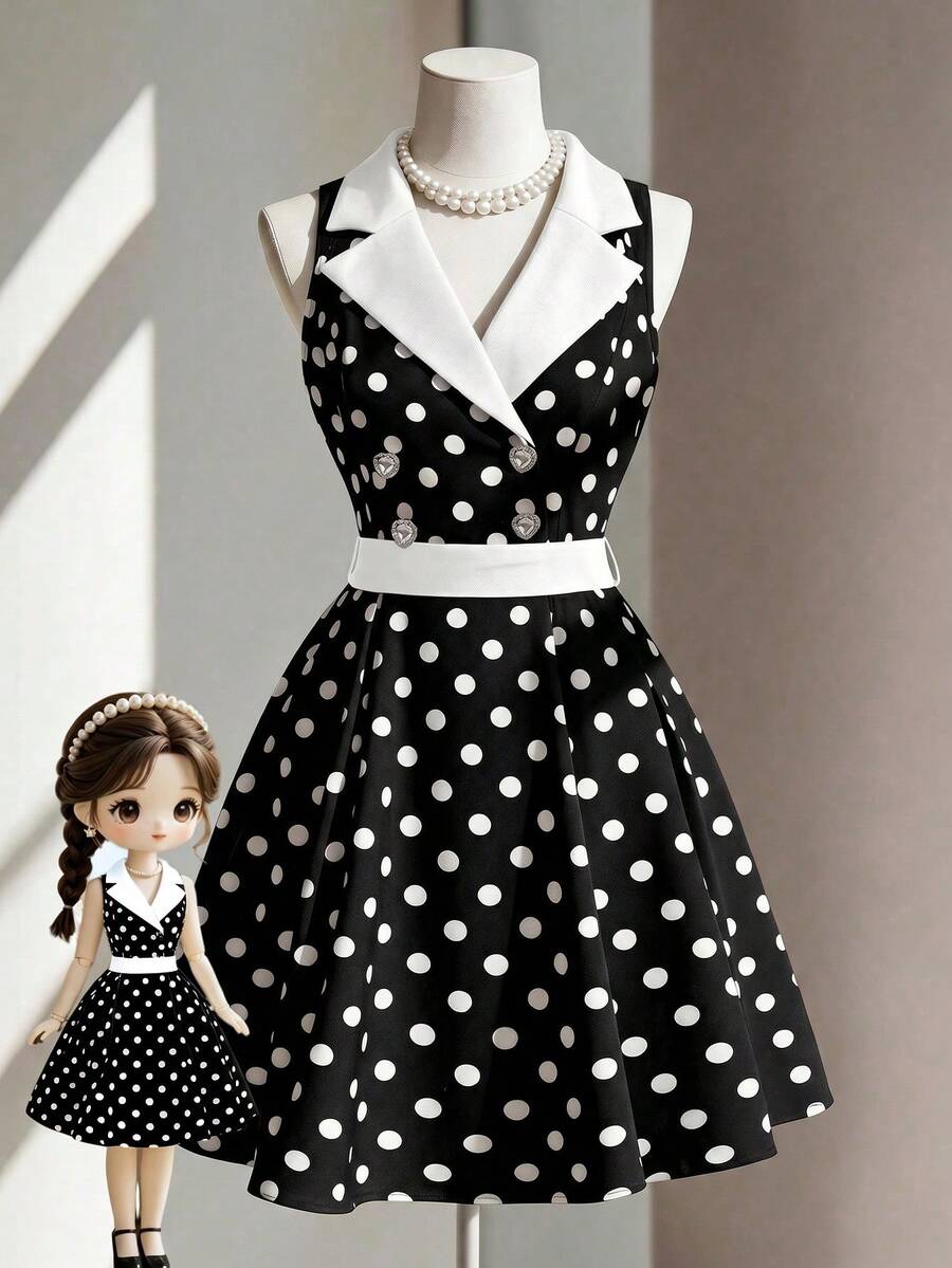 Fine & Folde Sleeveless Waist Splicing Polka Dot A-Line Elegant Romantic Sophisticated Ladies Dress - Black and White - View 1