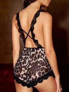 Bella Beso Leopard Print Cami Lace Patchwork Backless Romper Lingeriefor Summer - Multicolor - View 2