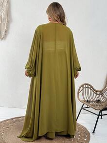 SHEIN CURVE+ Bộ đồ thường ngày cho nữ size lớn gồm áo quây camisole màu trơn, áo choàng màu trơn và quần ống rộng cạp chun - màu xanh lá - Xem 2