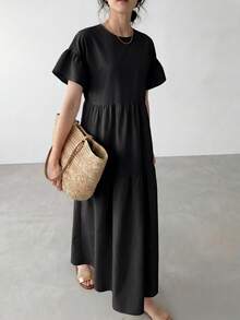 EMERY ROSE Women's Solid Color Round Neck Ruffle Hem Long Sleeve Dress Vacation Black Summer Casual - Black - View 8