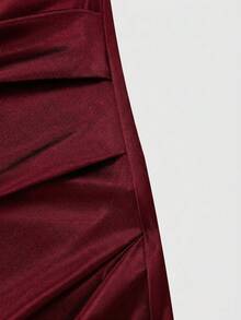 Vestido de mujer de satén con cuello alto sin mangas, cintura plisada, forma asimétrica y sexy, con adorno de encaje. Vestido de satén para mujer, vestido de verano para mujer, vesti - Burdeos - Ver 12