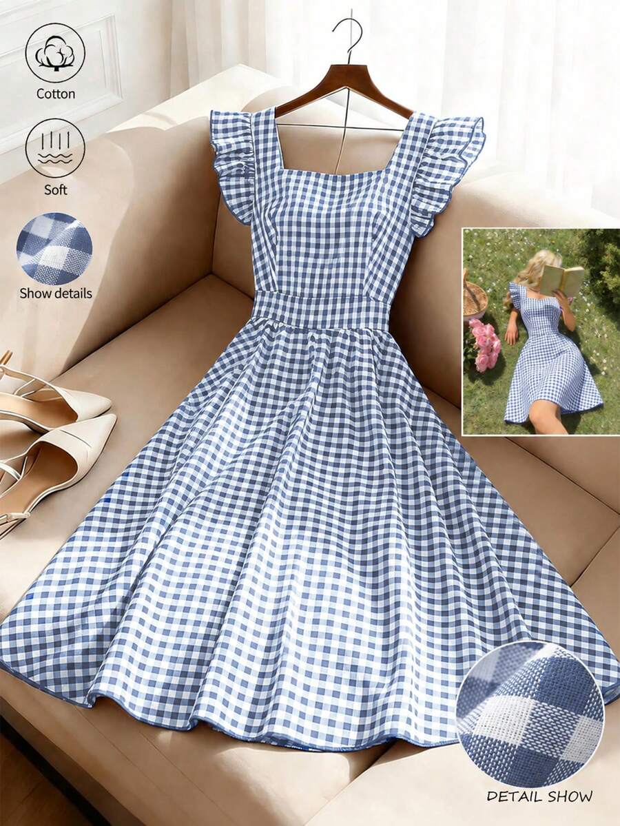 GlowEve Damen Midi-Kleid mit Glockenärmeln, rotem und weißem Karomuster, Schleife am Rücken und taillierter Passform, charmant und elegant für den Alltag, Urlaub, Picknick, Pendeln, Date, im retro französischen Street-Style, Frühling/Sommer - Verschiedenfarbig - Übersicht 1