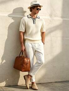 Airaco Men's Contrast Trim Hollow Out Casual Short Sleeve Knit Top, Summer - Apricot - View 5