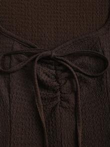 Sweetra Vintage Solid Color Front Tie Cap Sleeve Casual Dress - Coffee - View 5