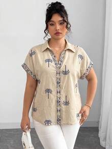 Elenzga 大码女装春夏法式优雅休闲度假/通勤宽松衬衫，V领开襟，落肩设计，袖口收紧，纯色印花 - 藍色 - 查看 3