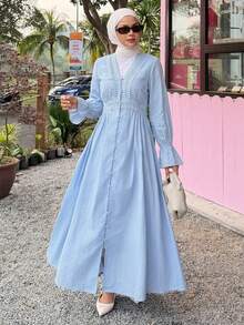 DAZY Women's Elegant Lace Patchwork Textured V-Neck Mid-Length Dress, Spring/Summer - Blue - View 1