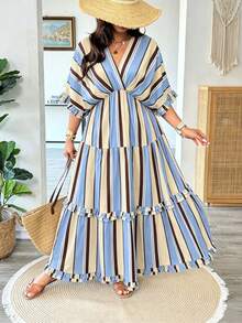 Vionelle Plus Size Women Elegant Boho Navy Blue Ruffle Hem Loose Long Dress, Spring/Summer Beach Vacation - Blue - View 4