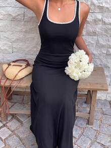 Silhoulove Women's Contrast Color Embroidered Square Neck Sleeveless Elastic Knit Maxi Dress Wedding Guest Vacation Black Summer Elegant Casual Holiday - Black and White - View 5