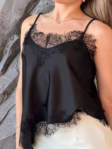 Katetique 女式夏季纯色撞色蕾丝不对称下摆衬衫 - 黑色 - 查看 3