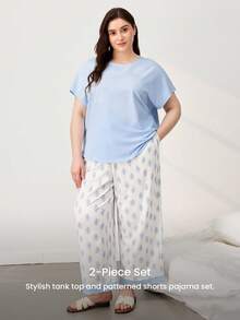 LUVLETTE Plus Size Natural Women's Cute Casual Light Blue Top & Patterned TrousersStyle Set Adorable Comfortable Lounge Wear Graphic - Blue - View 3