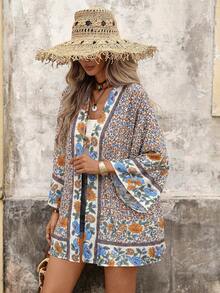 Brillora Women's Floral Print Kimono Cardigan, Suitable For Beach Travel Bathing Suits For Women - Beige - View 4