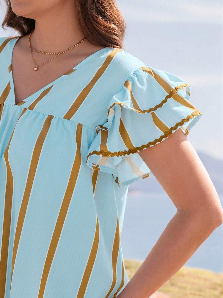 Plus Size Women Striped Color Block Ruffle Sleeve Vacation Dress