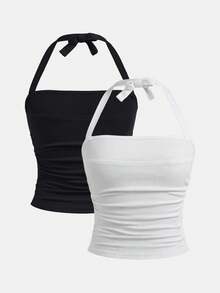 SHEIN Girlism 随机6件，赠送2件少女春夏街头风百搭休闲度假风露脐无肩带褶皱弹力蝴蝶结修身短款上衣，适合夏季休闲、校园、运动、户外野餐、街头摄影、母亲节毕业季等场合。这款夏季上衣适合春夏日常、外出、度假、节日穿着，时尚少女，休闲百搭，新款，返校季，轻松休闲风，返校季必备。 - 彩色 - 查看 2