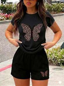 Conjunto dos piezas, playera short con estampado cómodo ligero - Negro - Ver 1