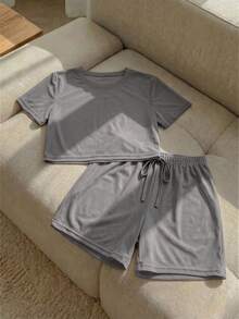 Resyla Áo lưới xuyên thấu trễ vai & quần short Bộ PJ / Bộ Pyjama không có lớp lót - Xám - Xem 1
