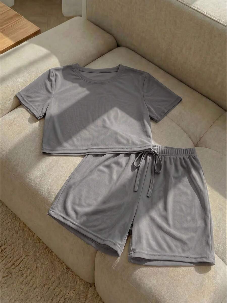 Resyla Áo lưới xuyên thấu trễ vai & quần short Bộ PJ / Bộ Pyjama không có lớp lót - Xám - Xem 1
