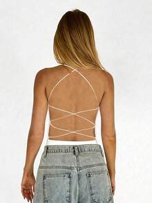SHEIN BAE Áo tank top hở lưng chéo gợi cảm, không có đệm ngực, kiểu dáng retro thanh lịch, đa năng, thích hợp đi làm, đi biển, đi nghỉ mát, trang phục mùa hè cho nữ. - trắng - Xem 2