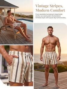 Manfinity KASUA Men's Drawstring Waist Patchwork Color Casual Beach Shorts, Holiday - Apricot - View 6