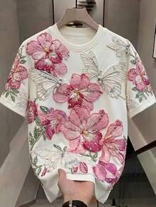 Divinelle Casual Minimalist Round Neck Short Sleeve Loose T-Shirt For Women, Floral Pattern, Suitable For Summer - Multicolor - View 1
