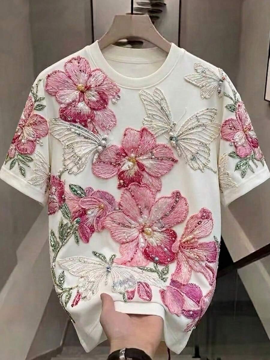 Divinelle Casual Minimalist Round Neck Short Sleeve Loose T-Shirt For Women, Floral Pattern, Suitable For Summer - Multicolor - View 1