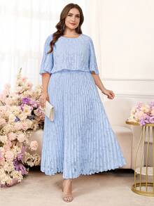 SHEIN Clasi 大码女式夏季连衣裙，优雅褶皱雪纺连衣裙，半透明长裙，飘逸长裙 - 淺藍色 - 查看 4