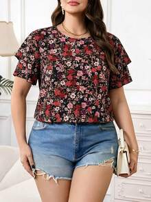 Reflora Plus Size Women Floral Print Round Neck Ruffle Sleeve Casual Shirt - Multicolor - View 3