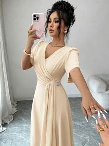 Rafferiza Gaun Midi A-Line Lengan Pendek Berlipit Elegan dengan Ikat Pinggang dan Selempang, Warna Oranye, Cocok untuk Bepergian dan Pemakaian Sehari-hari, Musim Semi/Panas - Aprikot - View 3